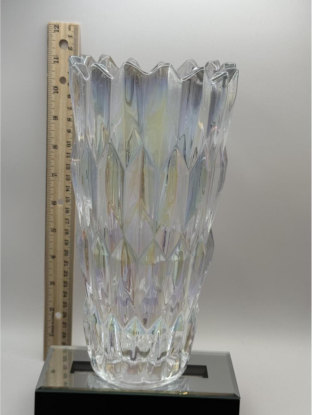 Vintage Iridescent Art Glass Vase Wavy Rim Heavy Crystal Style 10.5”